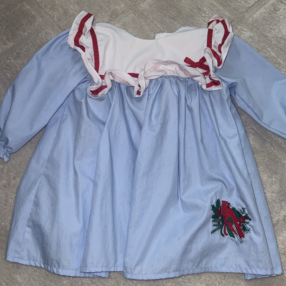 Busy bees smocks blue dress with red cardinal